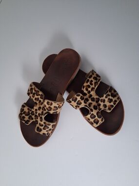 Leopard Print Calf Hair H Slide Sandals